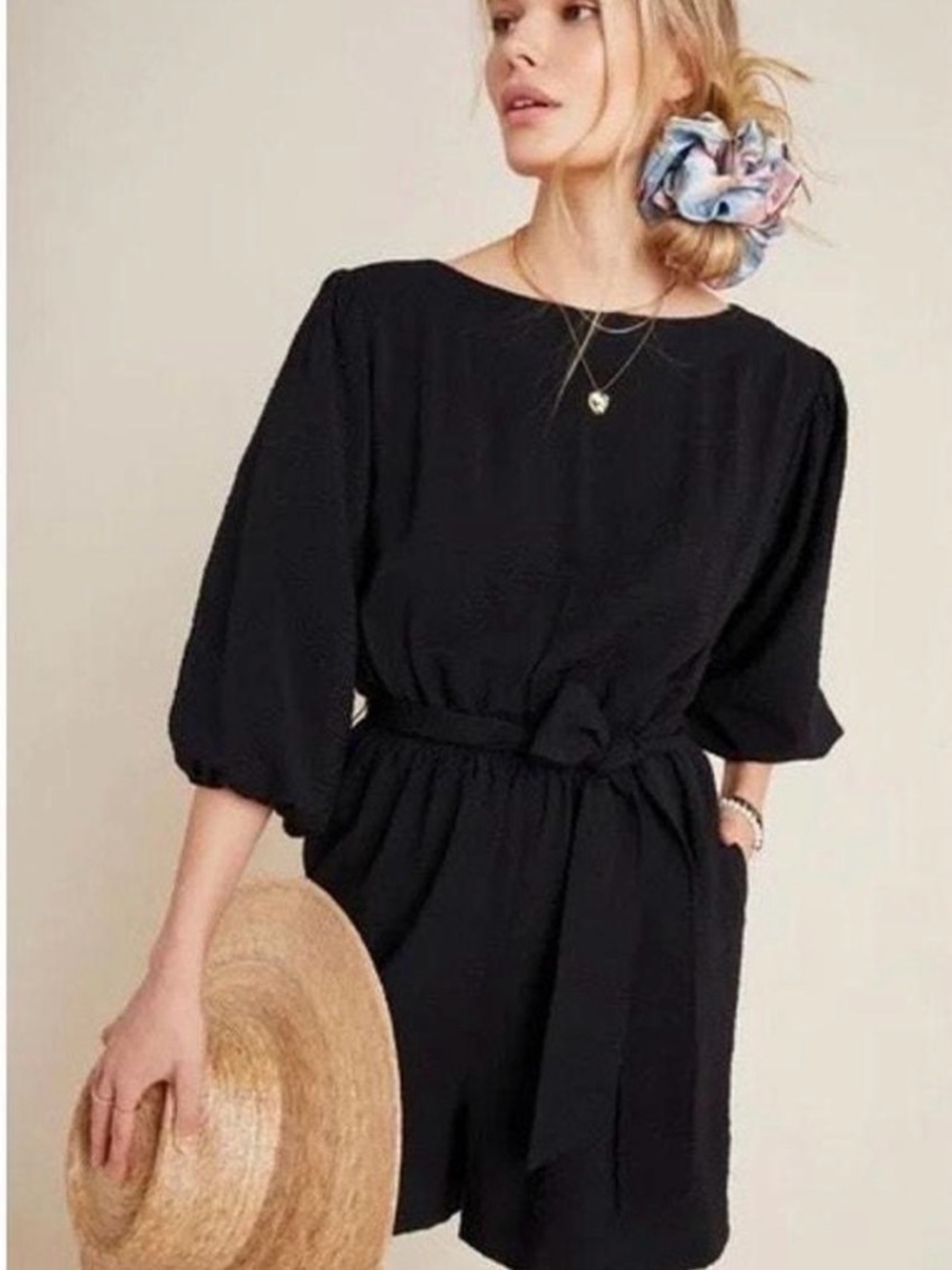 Anthropologie Black Balloon Sleeve Tie Waist Romper Size S